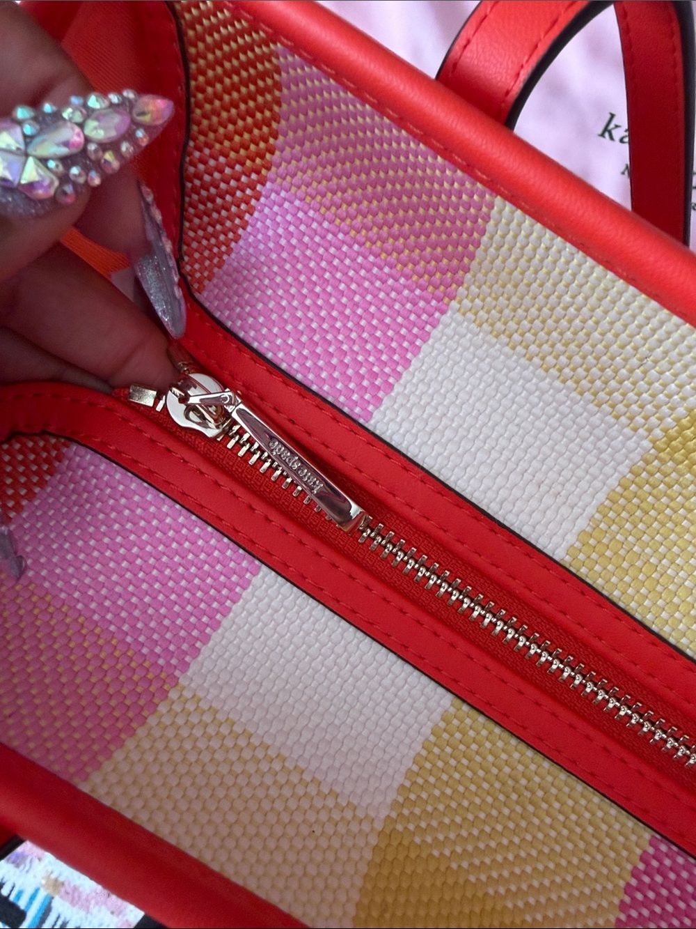 kate spade Pink, Orange & Yellow plaid Canvas Tote - Picture 7 of 14